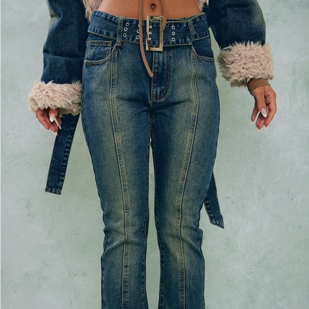 PLT Indigo Vintage Wash Belted Seam Front Flare Jeans